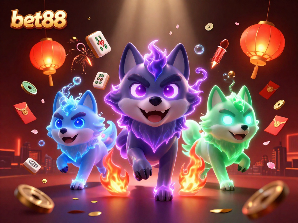Engaging BET88 gaming scene with shadow wolves, Mahjong tiles, and vibrant casino elements.