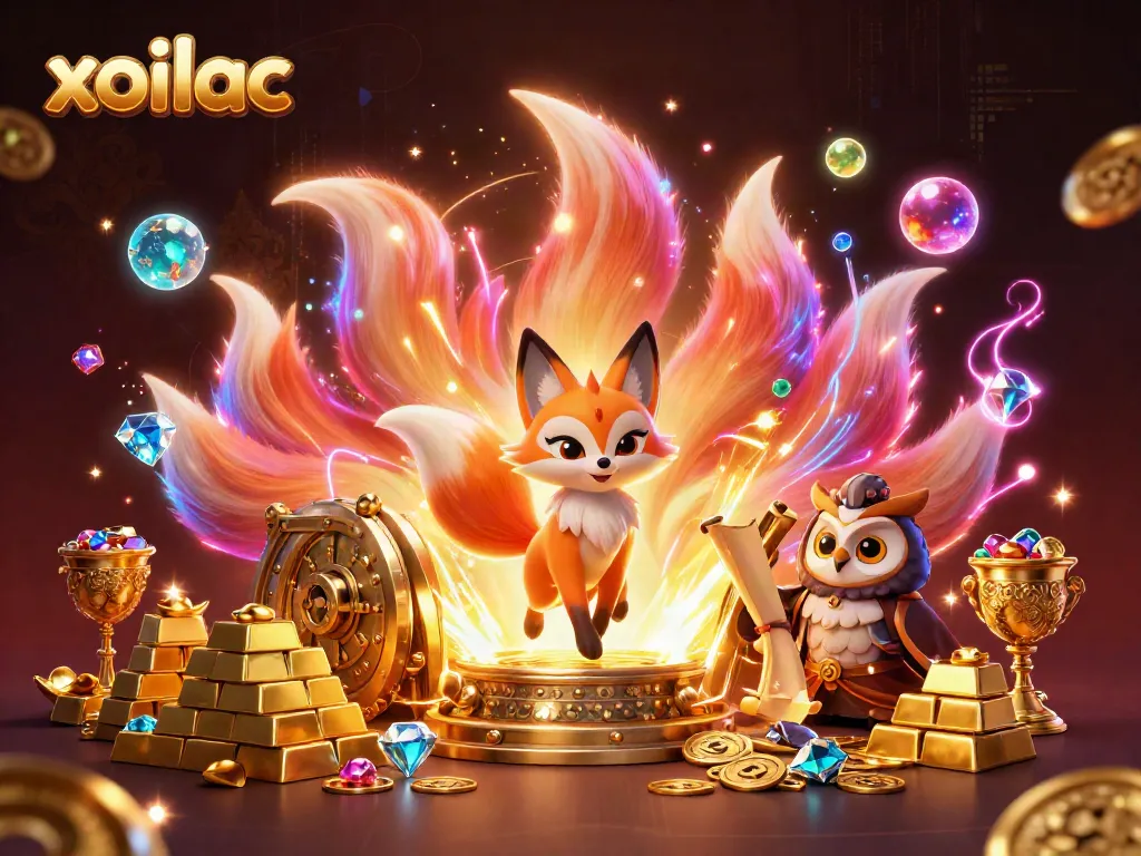 Xoilac offers a vibrant illustration featuring a colorful nine-tailed fox and wise owl amidst sparkling treasures.