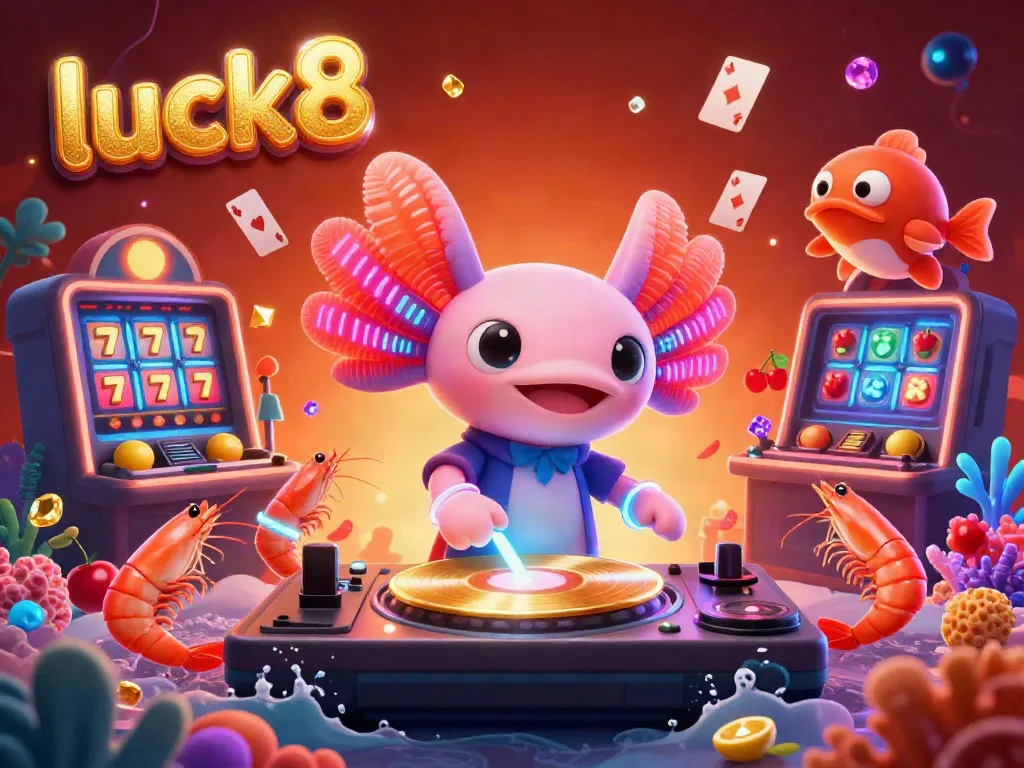 Experience the vibrant luck8 casino environment with a neon axolotl DJ and casino game elements in an underwater scene.