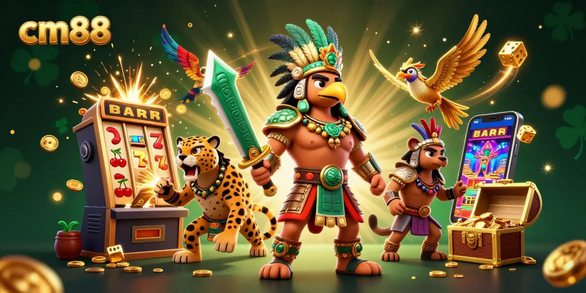 Experience thrilling gameplay with cm88's dynamic 3D casino scene featuring Aztec warriors and jackpot symbols.