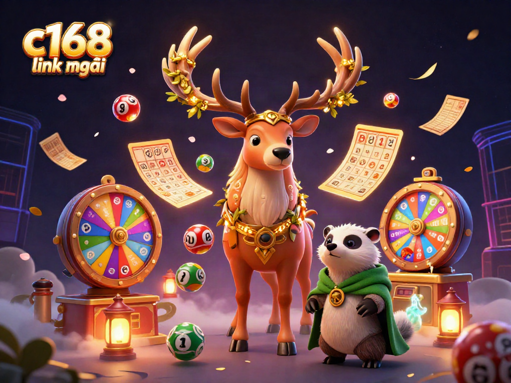 Engage with the vibrant c168 link mới, featuring a Celtic druid stag and a wise badger amidst lottery balls and gaming elements.