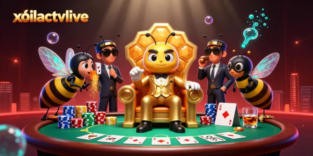 Experience the dynamic atmosphere of xoilactvlive with a bustling casino scene featuring cartoon mobs and poker elements.