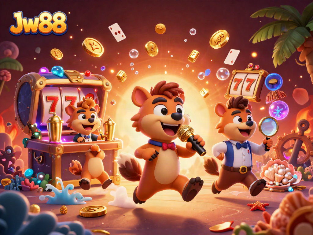 Experience Jw88's vibrant casino atmosphere with comedy and lively characters in a tropical setting.