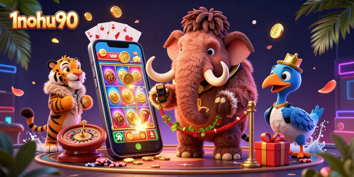 Experience thrilling gameplay with 1nohu90 at this vibrant casino scene featuring a bouncer and VIP guests.