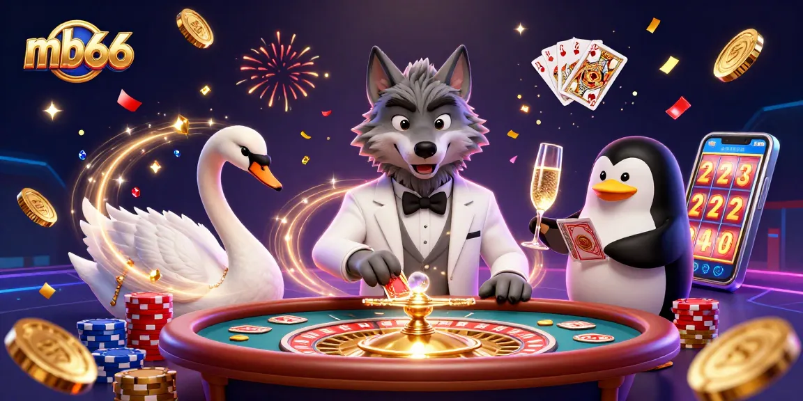 Experience the excitement at mb66 with a debonair wolf, elegant swan, and sophisticated penguin at a vibrant casino scene.