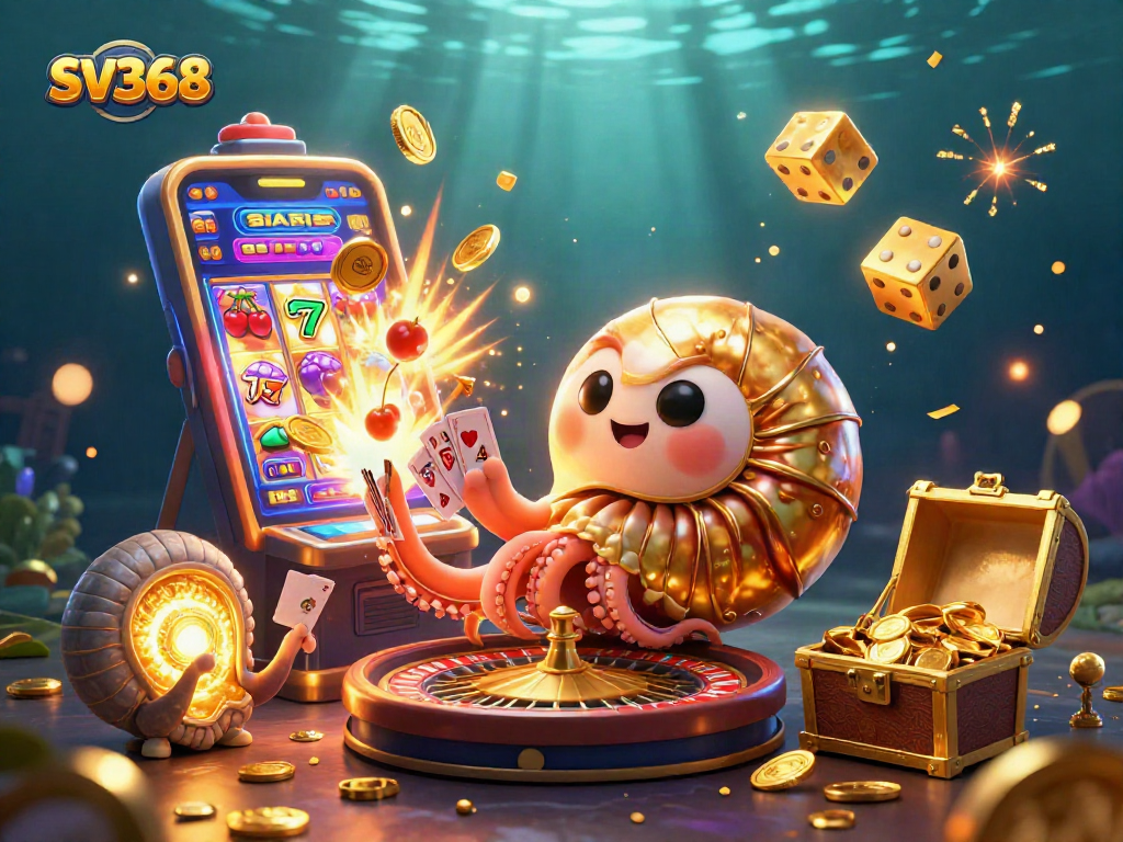 Spin to win at SV368 with vibrant slot machines and a giant nautilus roulette wheel.