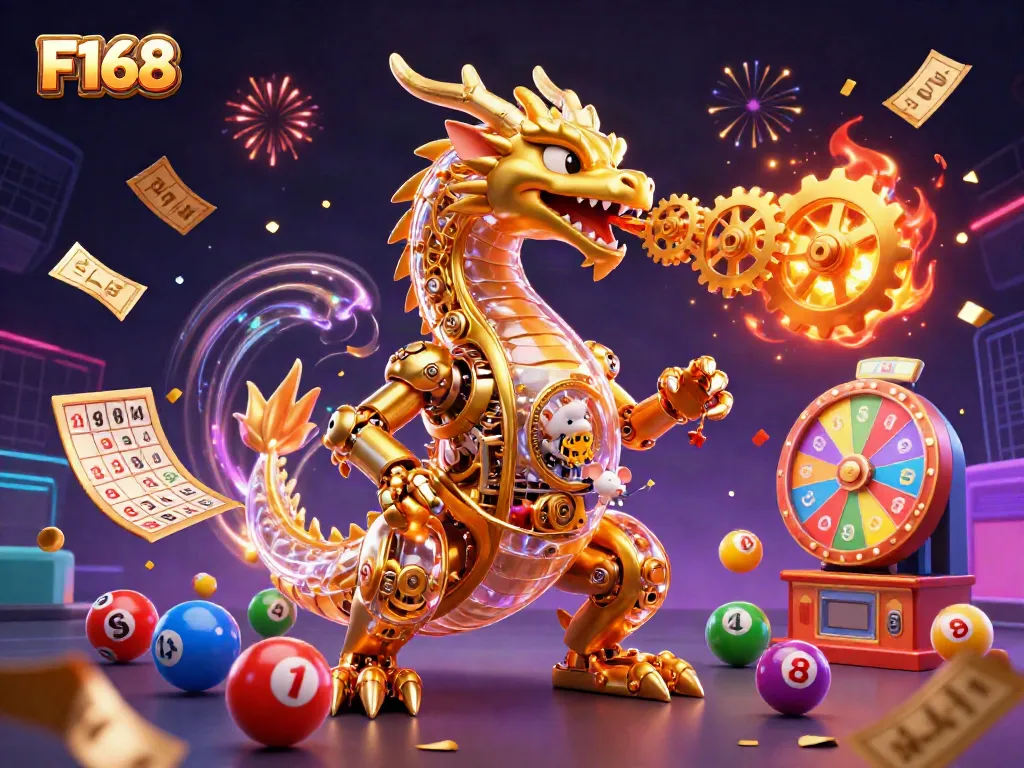 Win big with F168 in an exciting casino scene featuring colorful lottery elements and a golden dragon.