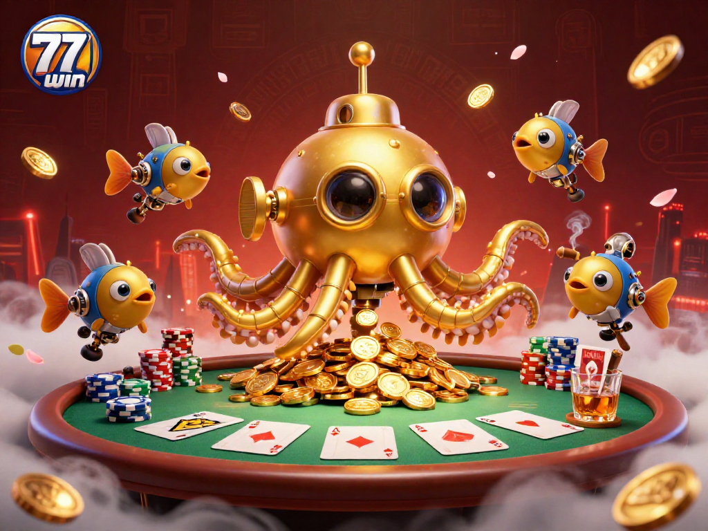 Experience thrilling gameplay at 77win with golden kraken submarine, poker scenes, and vibrant casino elements.