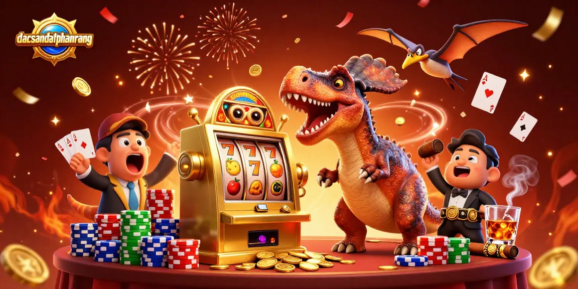 dacsandatphanrang showcases a vibrant casino scene with cartoon dinosaurs winning jackpots and flying coins.