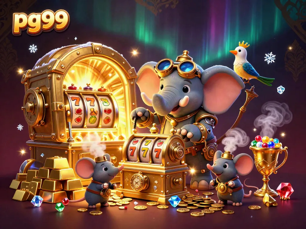 Spin and win with pg99 as a steampunk elephant engages in an enchanting casino world.