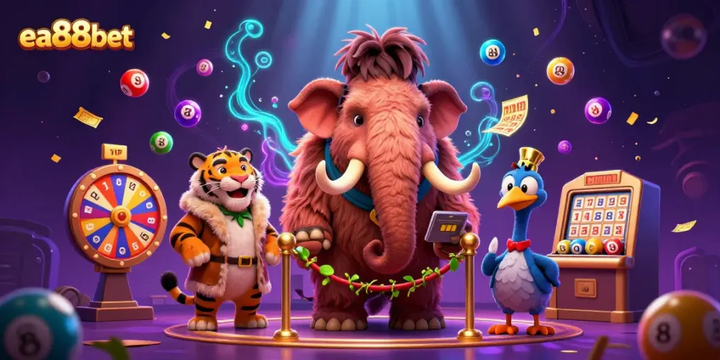 Experience thrilling fun at ea88bet with a whimsical casino scene featuring unique characters and dynamic lottery elements.