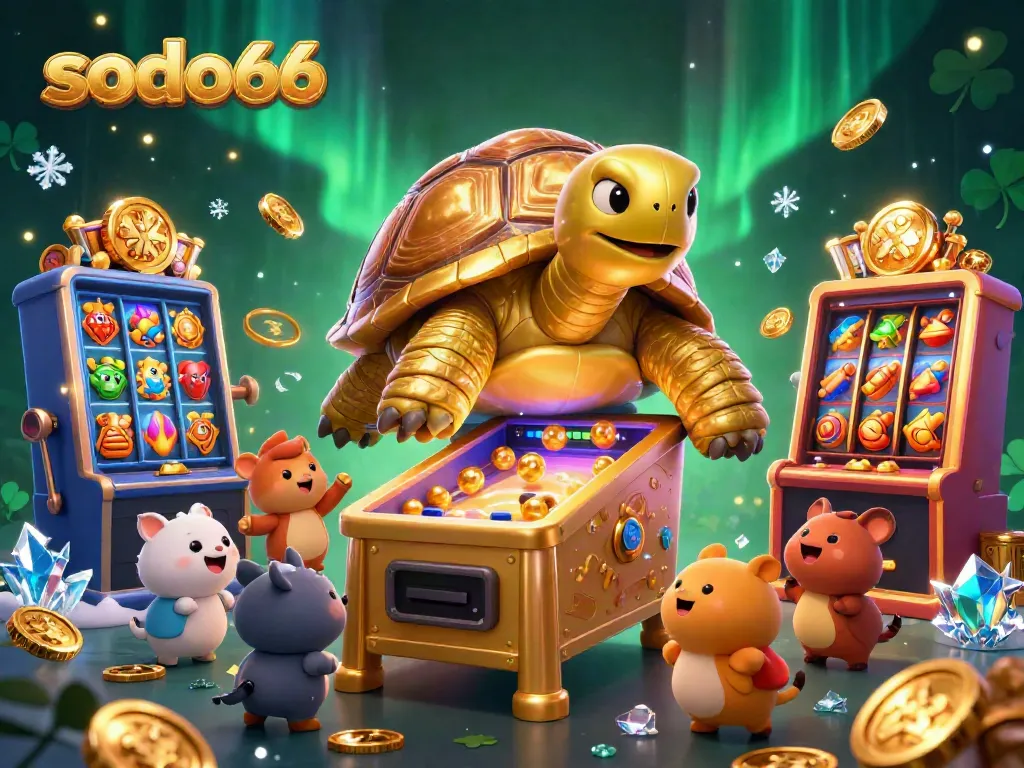 Exciting sodo66 casino adventure with a golden tortoise pinball, vibrant slot symbols, and cheerful characters.