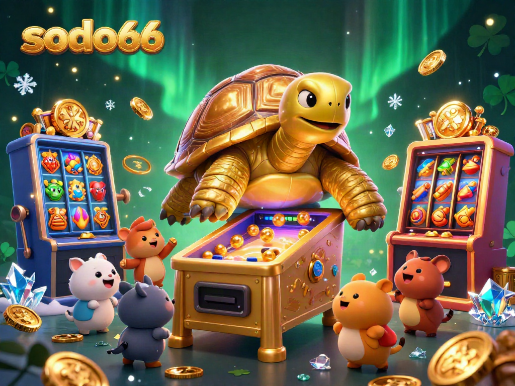 Exciting sodo66 casino adventure with a golden tortoise pinball, vibrant slot symbols, and cheerful characters.