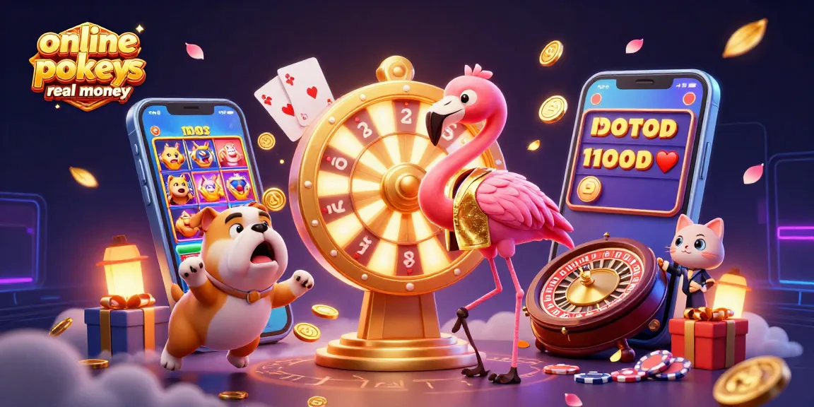 Play exciting online pokies real money surrounded by colorful casino elements and prizes.