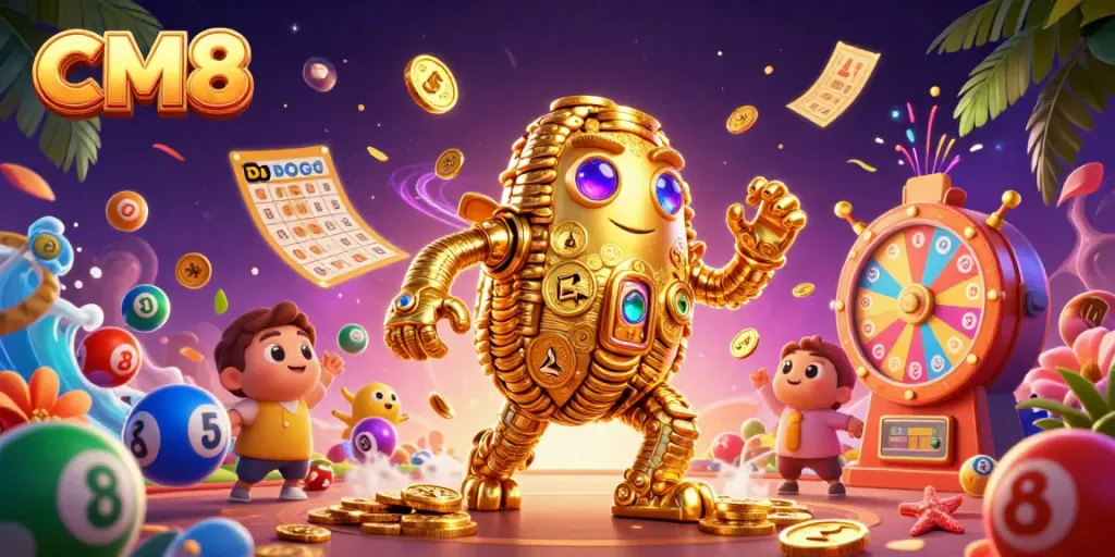Spin the reels and win big with CM8's vibrant casino experience featuring a magical golem.