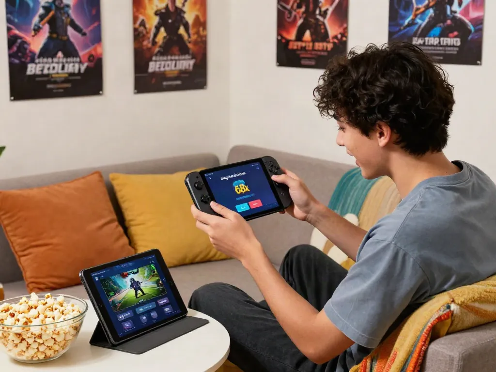 Engaging gaming scene showcasing 'đăng ký nhận 68k' promotion on a smartphone in a cozy setting.
