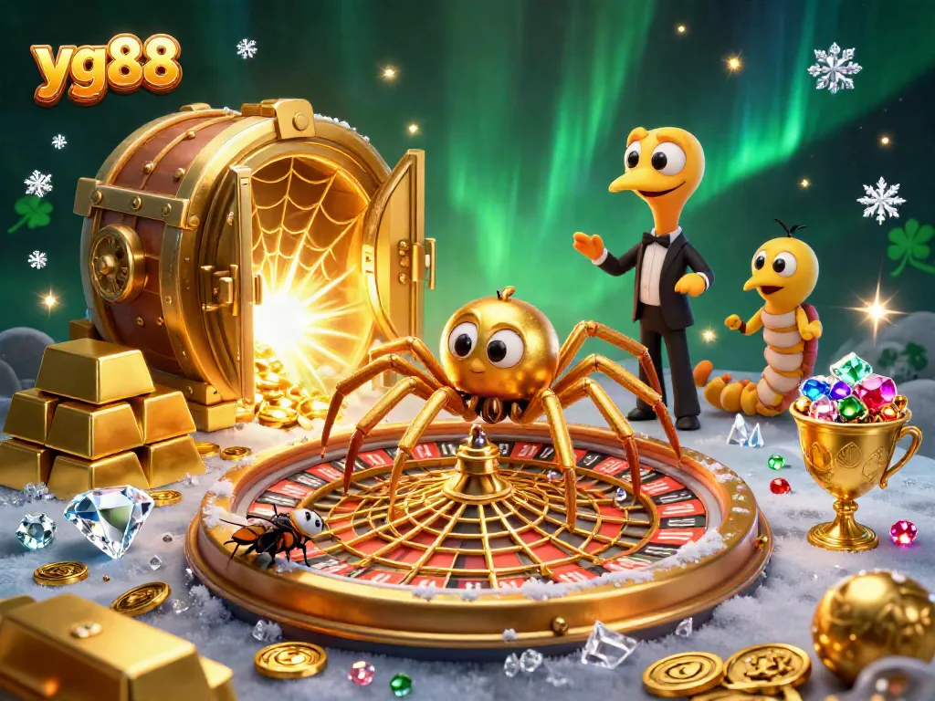 Engage with yg88 exciting casino experience featuring a golden spider and roulette wheel in a vibrant scene.