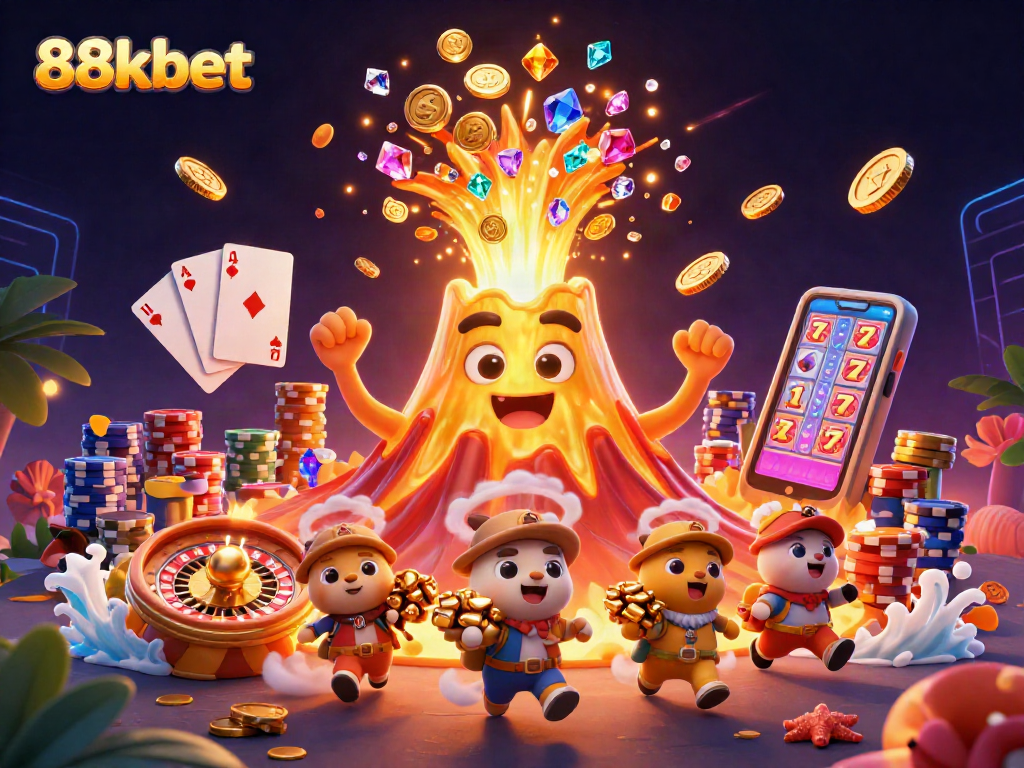 Win big with 88kbet as a golden volcano erupts coins, treasures, and games in a vibrant casino scene.