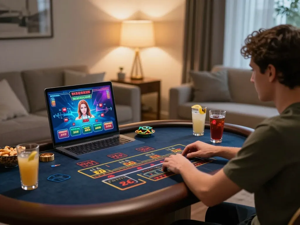 Player engaging in an exciting online gaming session at Nhà cái s8 with live dealer and cozy home atmosphere