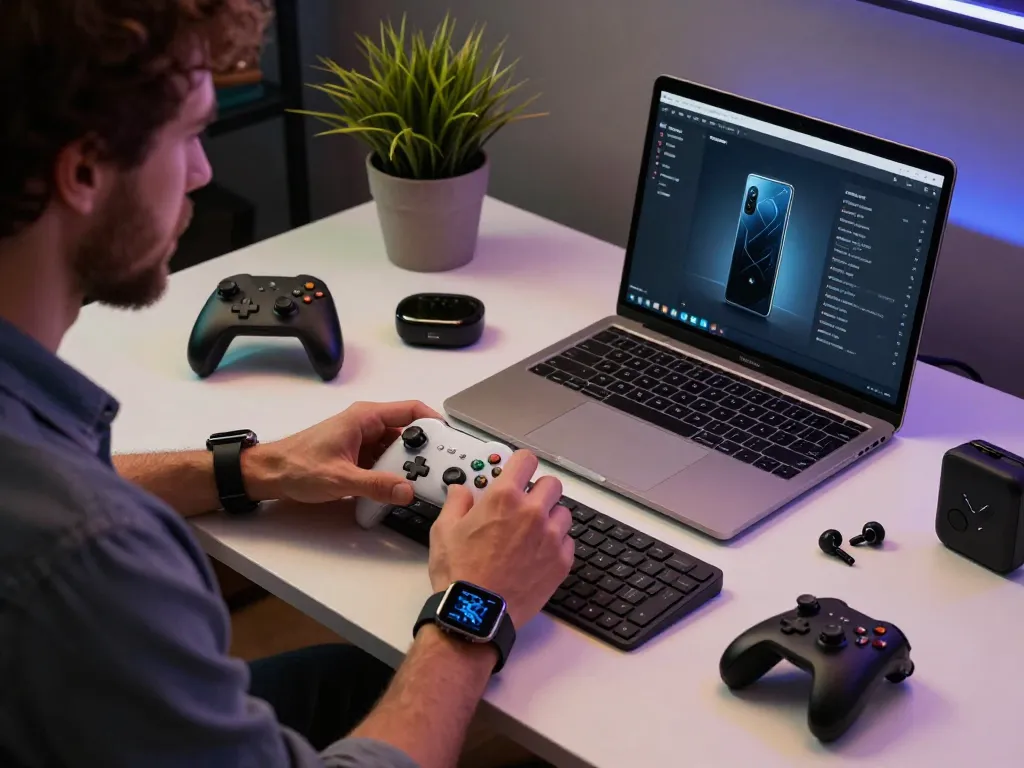 Best tech gadgets for men showcased at a modern workspace with Bluetooth devices and accessories.