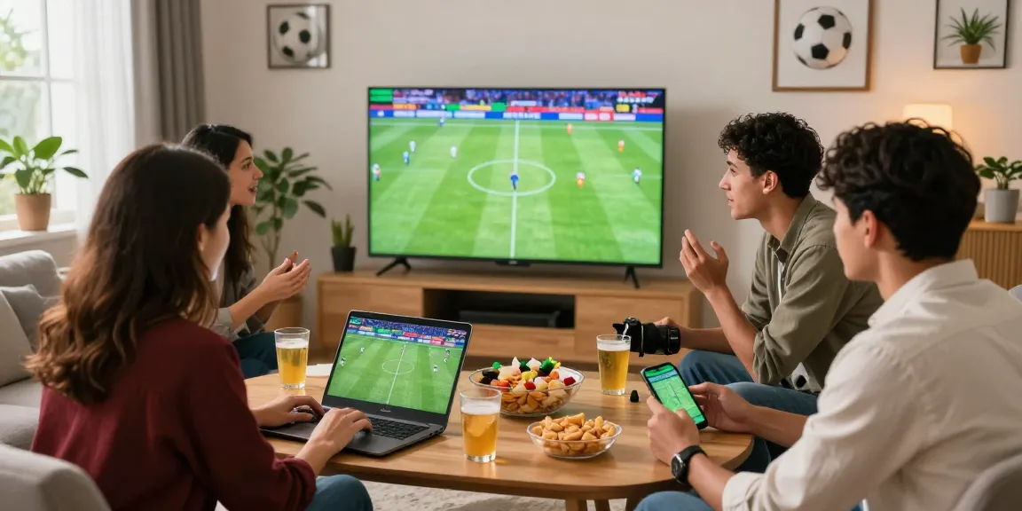 Football betting Malaysia scene with friends enjoying a live match and analyzing odds in a cozy living room.