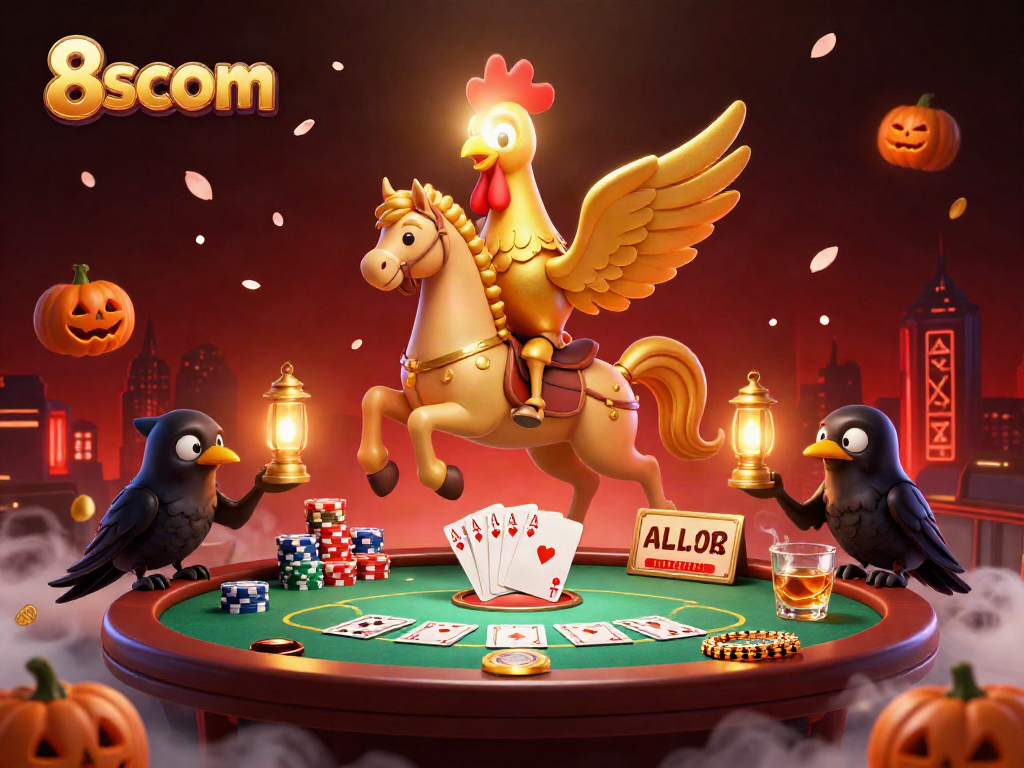 Experience thrilling poker action with 8scom's golden rooster hero navigating a vibrant casino.