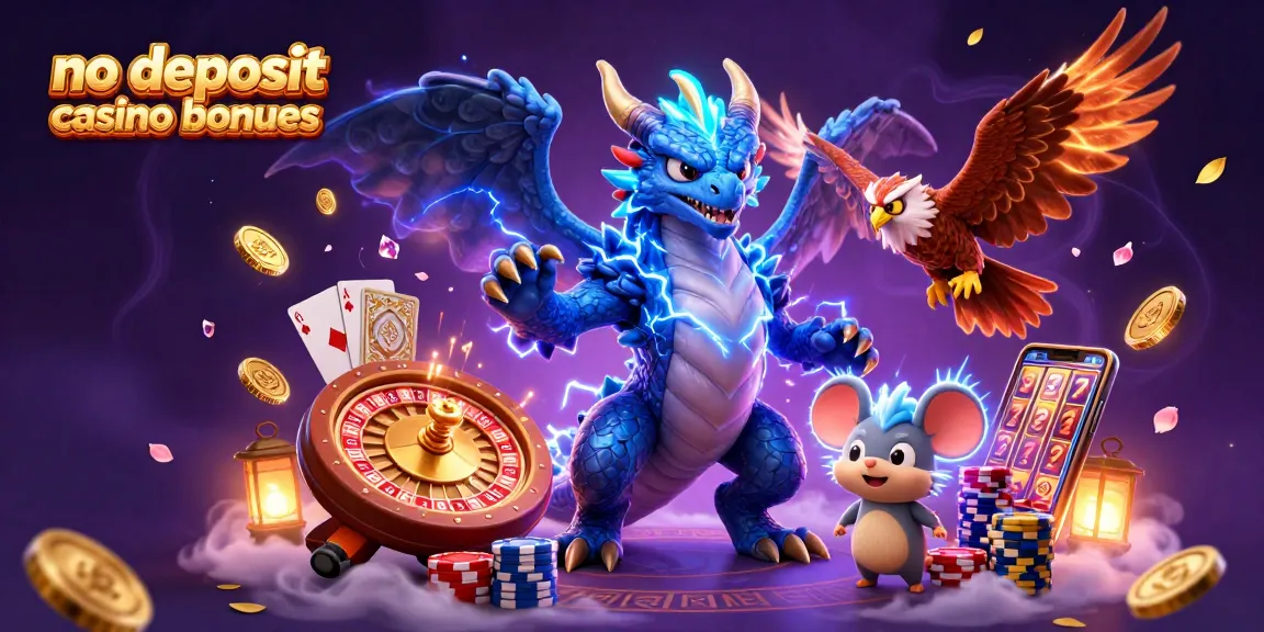 Experience thrilling no deposit casino bonuses with a dramatic dragon and dynamic gaming scene.