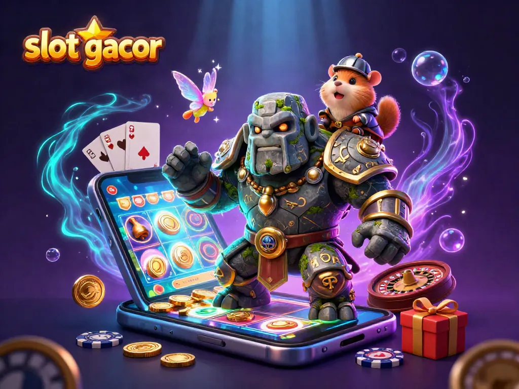 Slot gacor dengan golem berkilau, peri magis, dan ksatria hamster di tengah pusaran permainan.