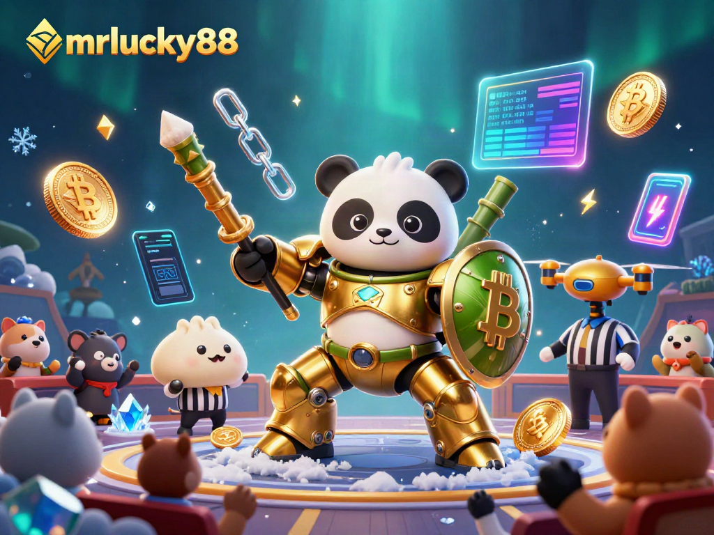 Engage with mrlucky88's vibrant gaming scene as a golden panda battles in a high-tech arena.