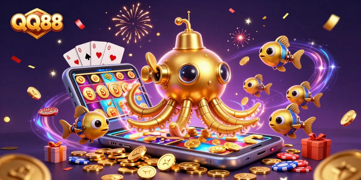 Experience thrilling gaming at QQ88 with an epic kraken submarine surrounded by coins and vibrant casino elements.
