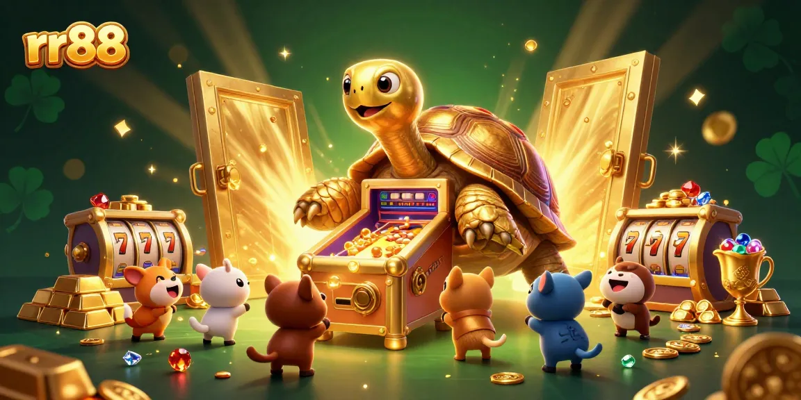Spin and win at rr88 with a colossal golden tortoise pinball machine and treasure vault bursting with gold.