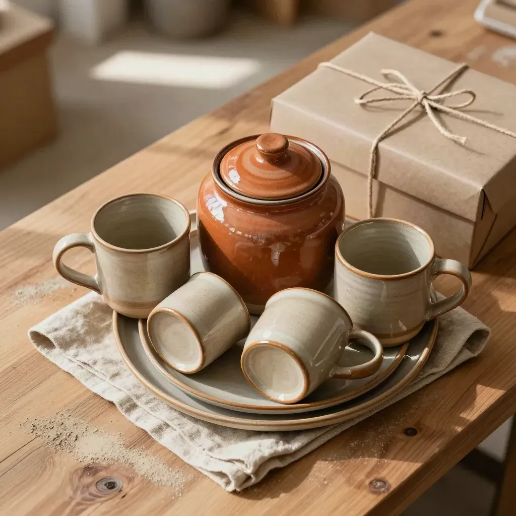 Set hadiah seramik: balang bertutup, dua mug dan pinggan serasi, atas meja kayu hangat.