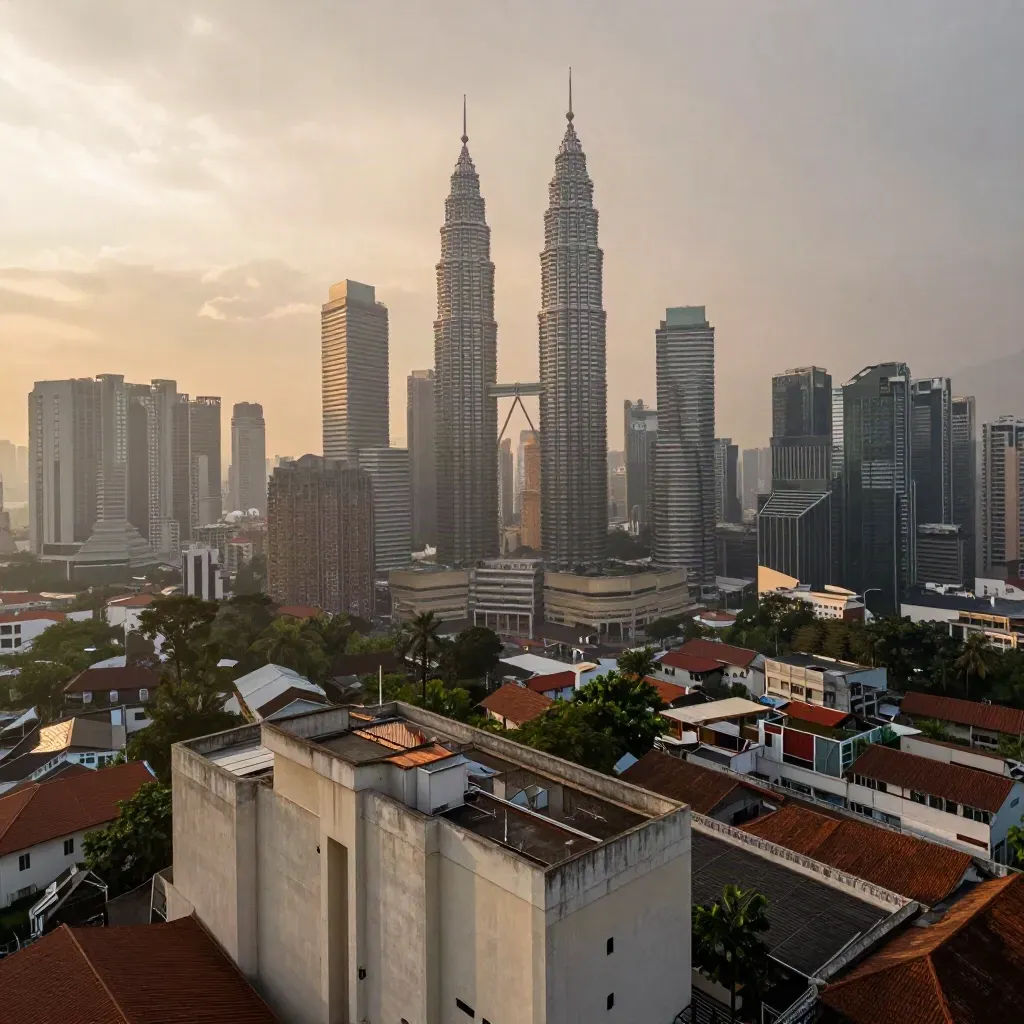 Langit bandar Kuala Lumpur dengan Menara Berkembar dalam jerebu petang selepas hujan.