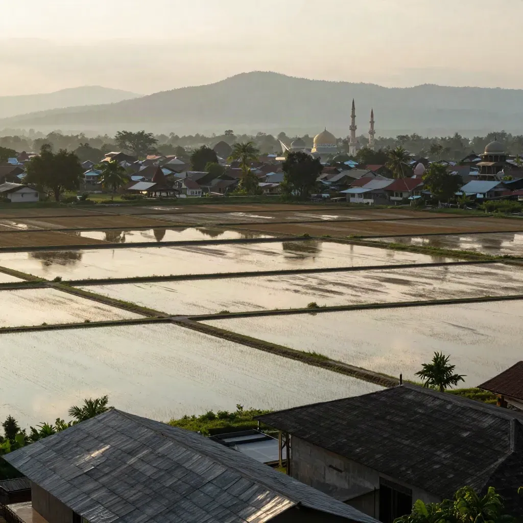 Pemandangan Selangor waktu senja dengan sawah basah, bumbung bandar dan siluet masjid.