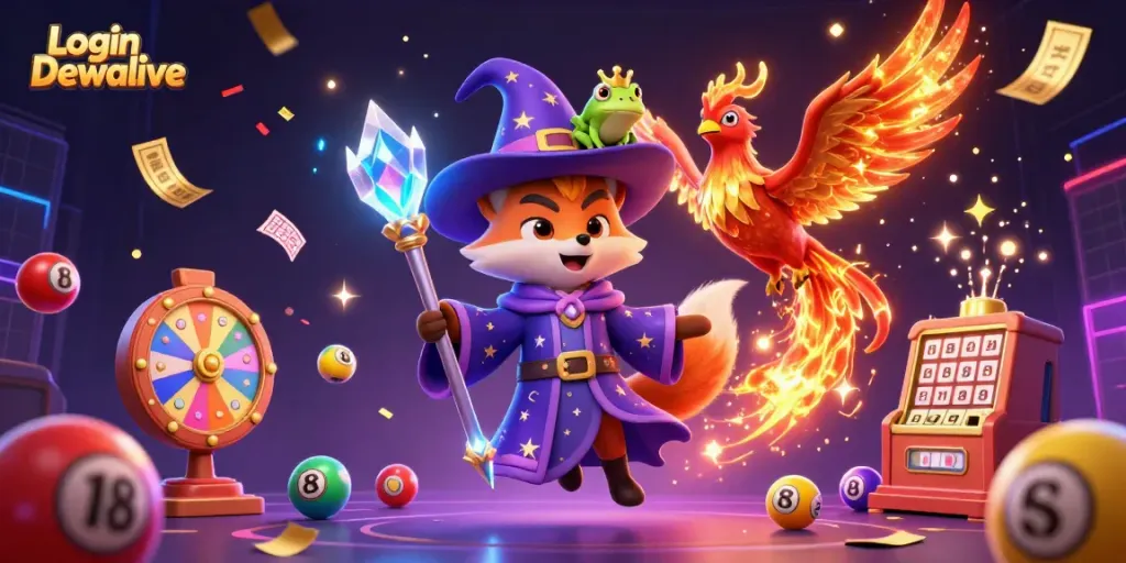 Engage with the exciting Login Dewalive experience with a vibrant 3D casino scene filled with dynamic lottery games.