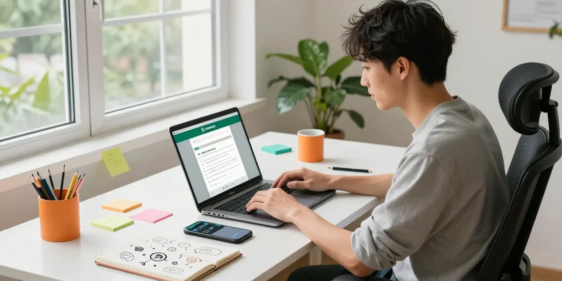 Professional using WhatsApp網頁版 on laptop in a vibrant home office.