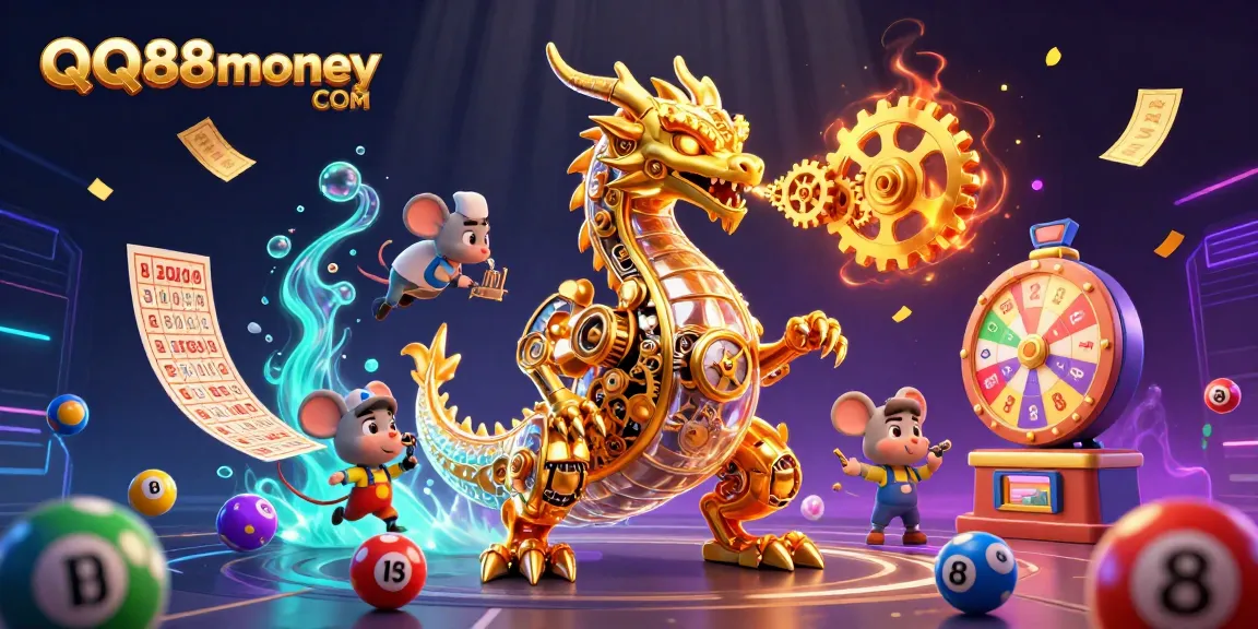 Spin the reels at QQ88money COM, where golden gears and colorful lottery balls create excitement.