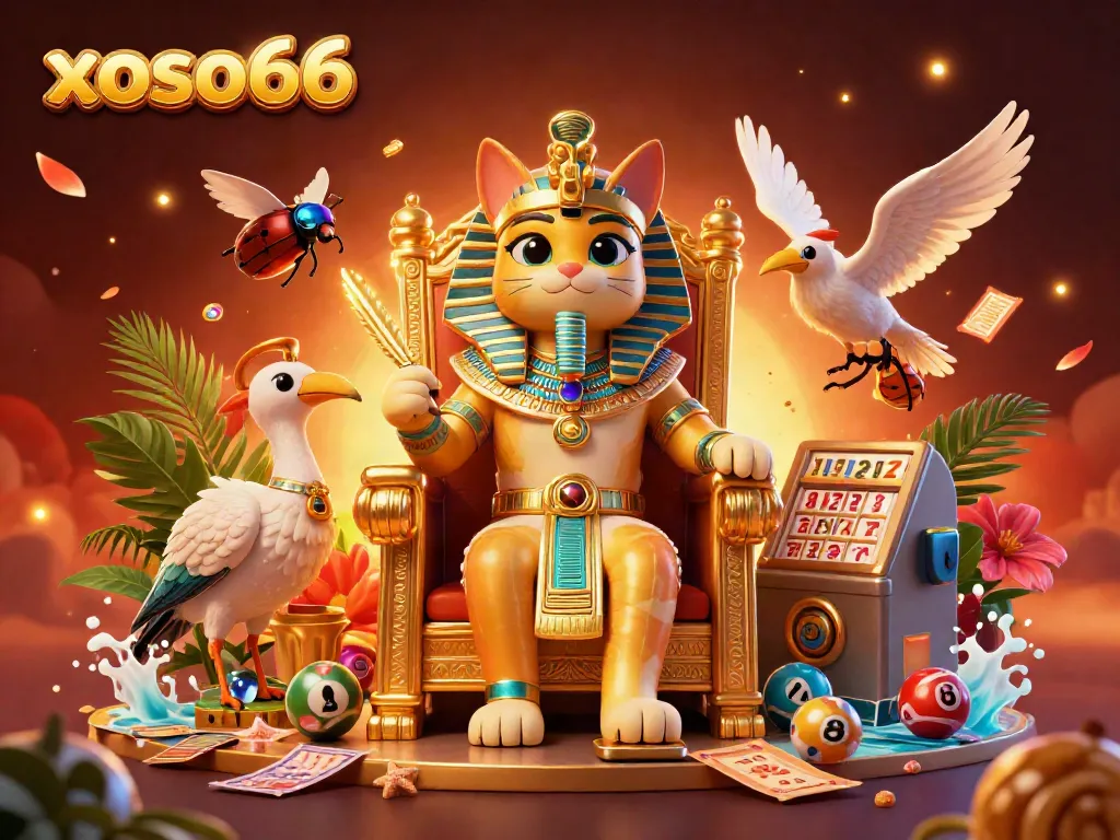 Engage with the exciting world of xoso66's lottery, showcasing a stylish Egyptian pharaoh cat and vibrant game elements.