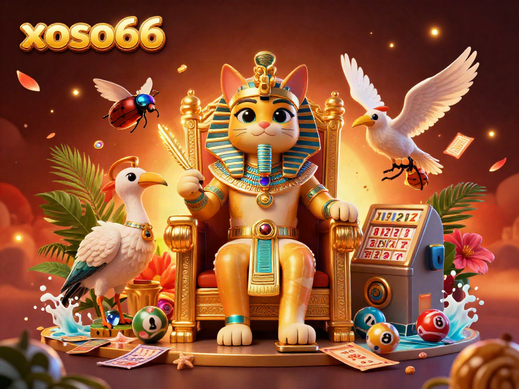 Engage with the exciting world of xoso66's lottery, showcasing a stylish Egyptian pharaoh cat and vibrant game elements.