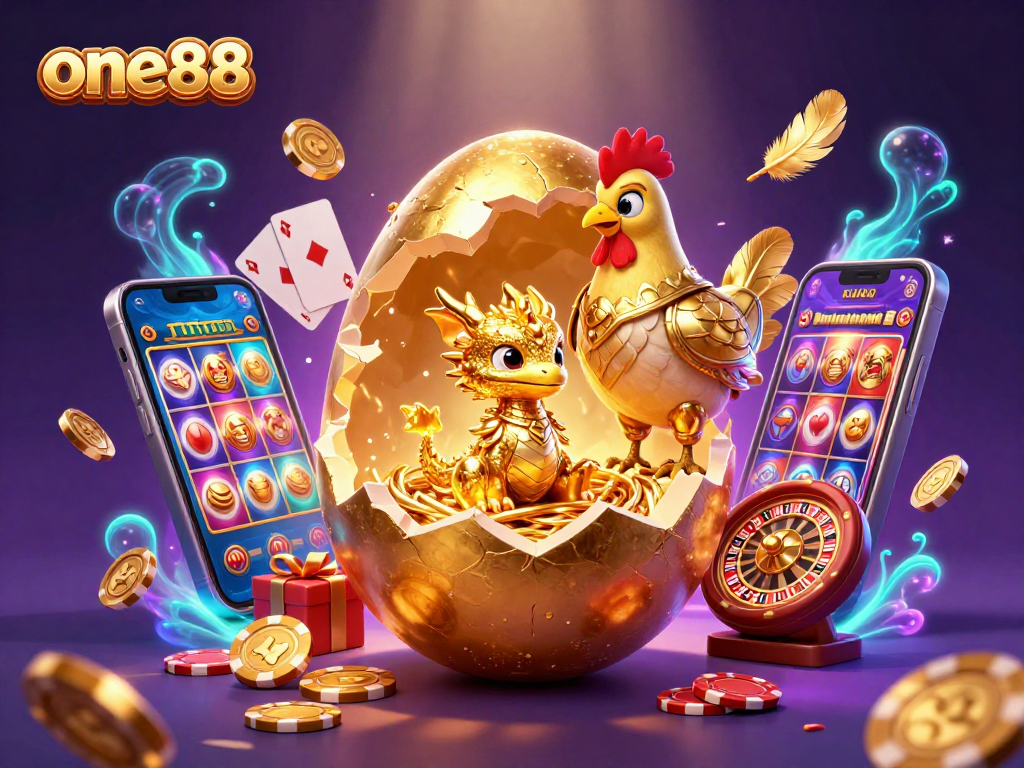 Experience one88's vibrant gaming world with a baby dragon and a golden armored hen amidst dynamic casino elements.