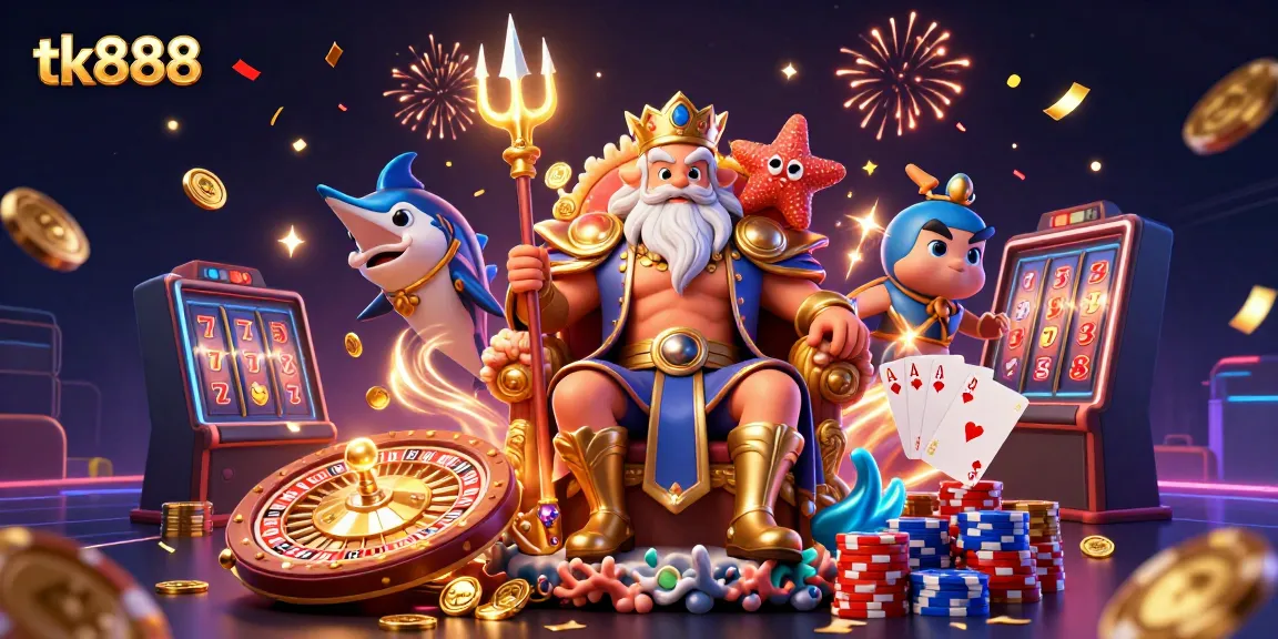Experience thrilling gaming action with tk888's vibrant casino scene, featuring Neptune and dynamic elements.
