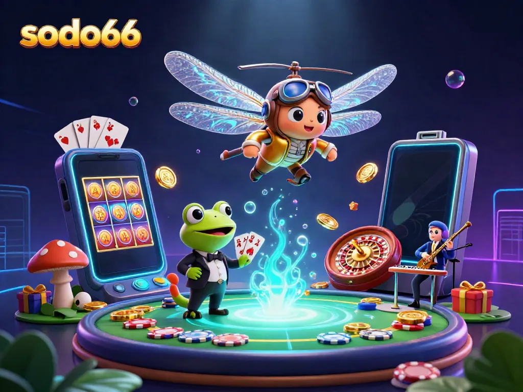 Experience thrilling gameplay at sodo66 with a vibrant casino scene showcasing a dragonfly pilot and frog croupier.