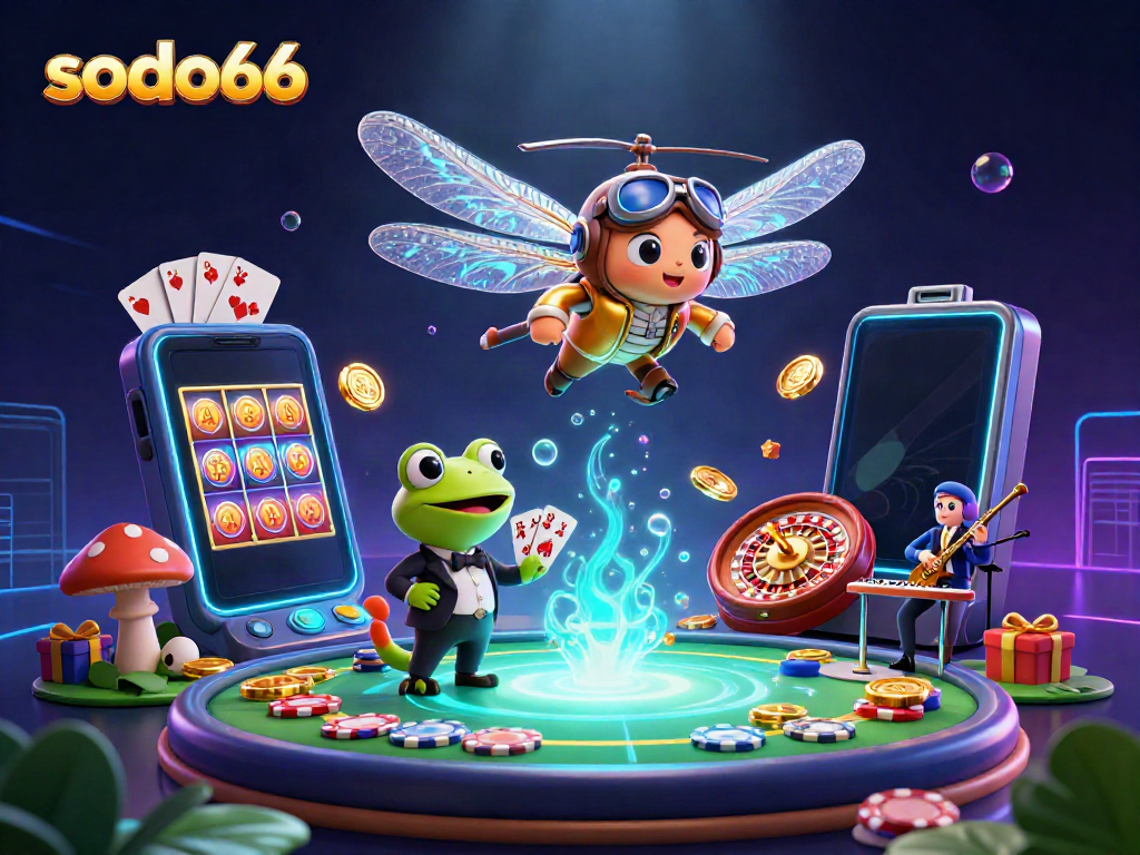 Experience thrilling gameplay at sodo66 with a vibrant casino scene showcasing a dragonfly pilot and frog croupier.