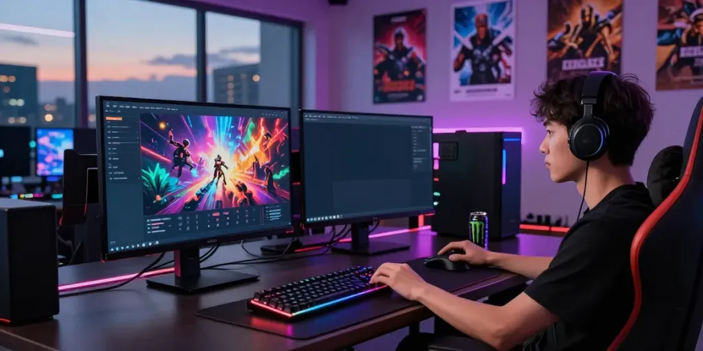 Gamer menggunakan rokok88 login sambil memainkan game di ruang kerja modern.