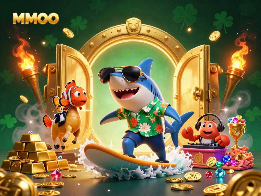 Engage with MMOO's dynamic slot games featuring a shark, clownfish, and crab in vibrant casino-themed art.