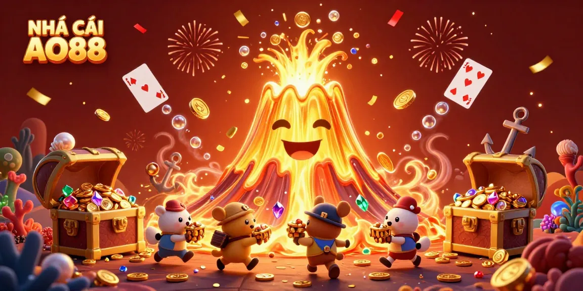 Experience the thrill of NHÀ CÁI AO88 as the golden volcano erupts in treasure amidst casino excitement.