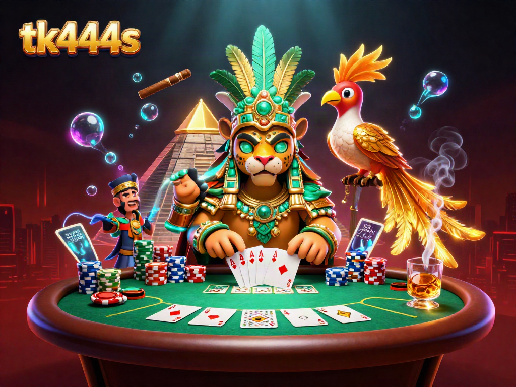 Engage in thrilling poker challenges with tk444s, highlighted by vibrant 3D characters and rich casino elements.
