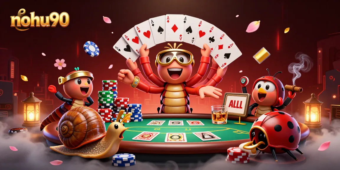 Nohu90: A 3D cartoon scene with a dealer, high-roller snail, and excited pill bug at a poker table.