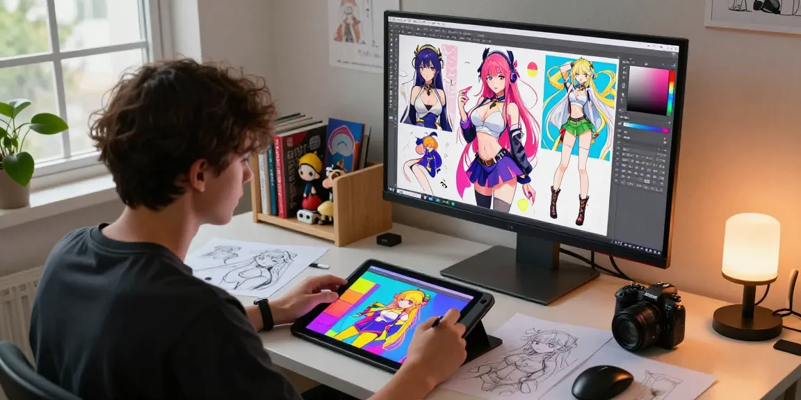 Artist creating AI ecchi illustrations in a vibrant workspace, showcasing creativity and technology.