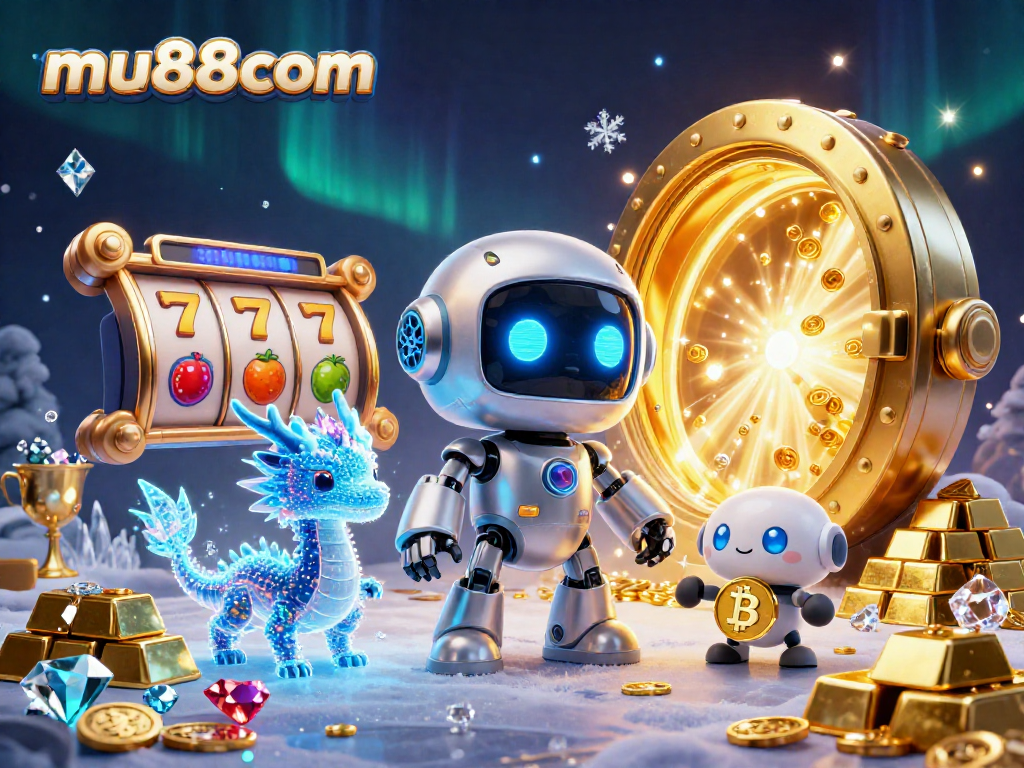 Spin jackpot reels with mu88com's vibrant gaming scene featuring neon robots and golden treasures.